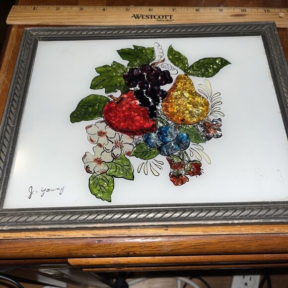 Vintage Reverse Painting On Glass with Foil Art - Fruit Signed J Young Framed - Picture 1 of 5